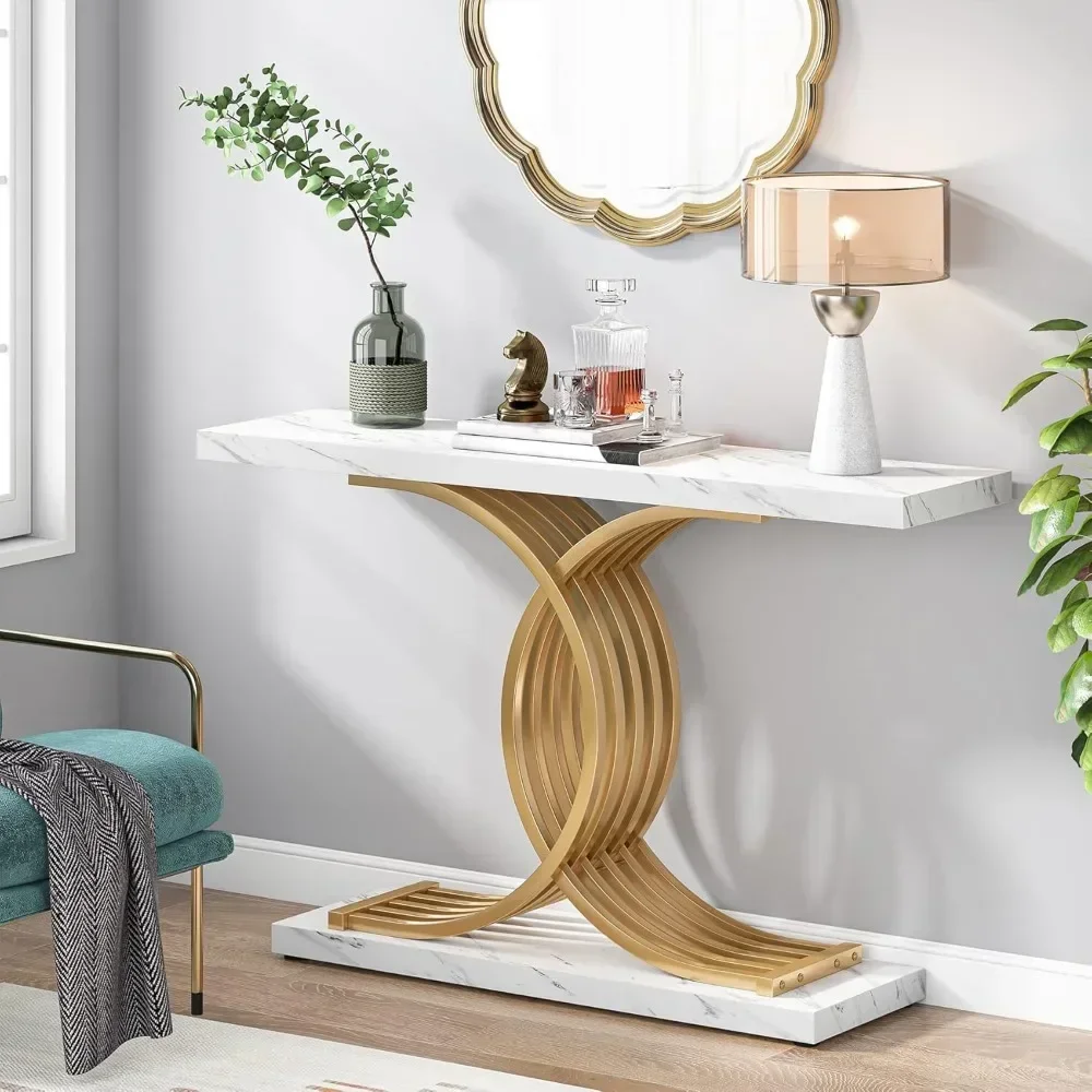 Mesa de entrada dourada, console moderno de 39 polegadas com pernas de metal geométricas, mesa de sofá de madeira estreita de mármore falso, hall de entrada para entrada