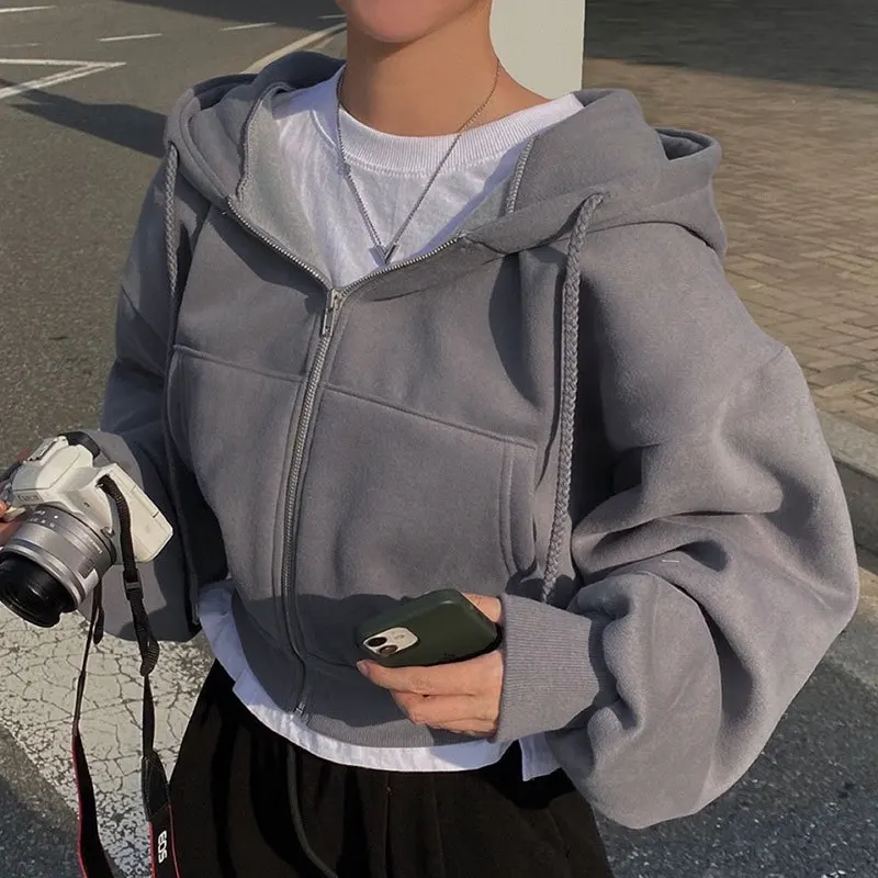 Sudadera con capucha informal para mujer, sudaderas con cremallera Y2K, camisa de manga larga Harajuku lisa, Tops cortos de gran tamaño, chaquetas sueltas para mujer, abrigo