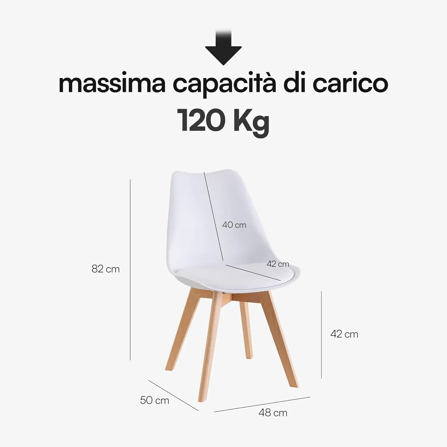 Set di 4 Sedie da Pranzo o Ufficio con Gambe in Legno, Sedia Ergonomica con Cuscino Integrato 57X48X79 cm Bianco
