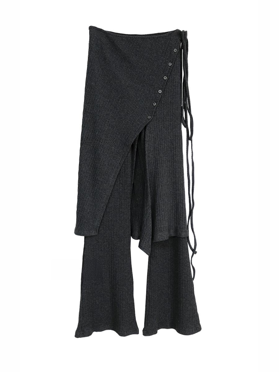 ストリートスタイルニットカジュアルハイウエストバイカラーハーフレングススカートパンツ2点セットボタンディテールとタッセルトリム付き