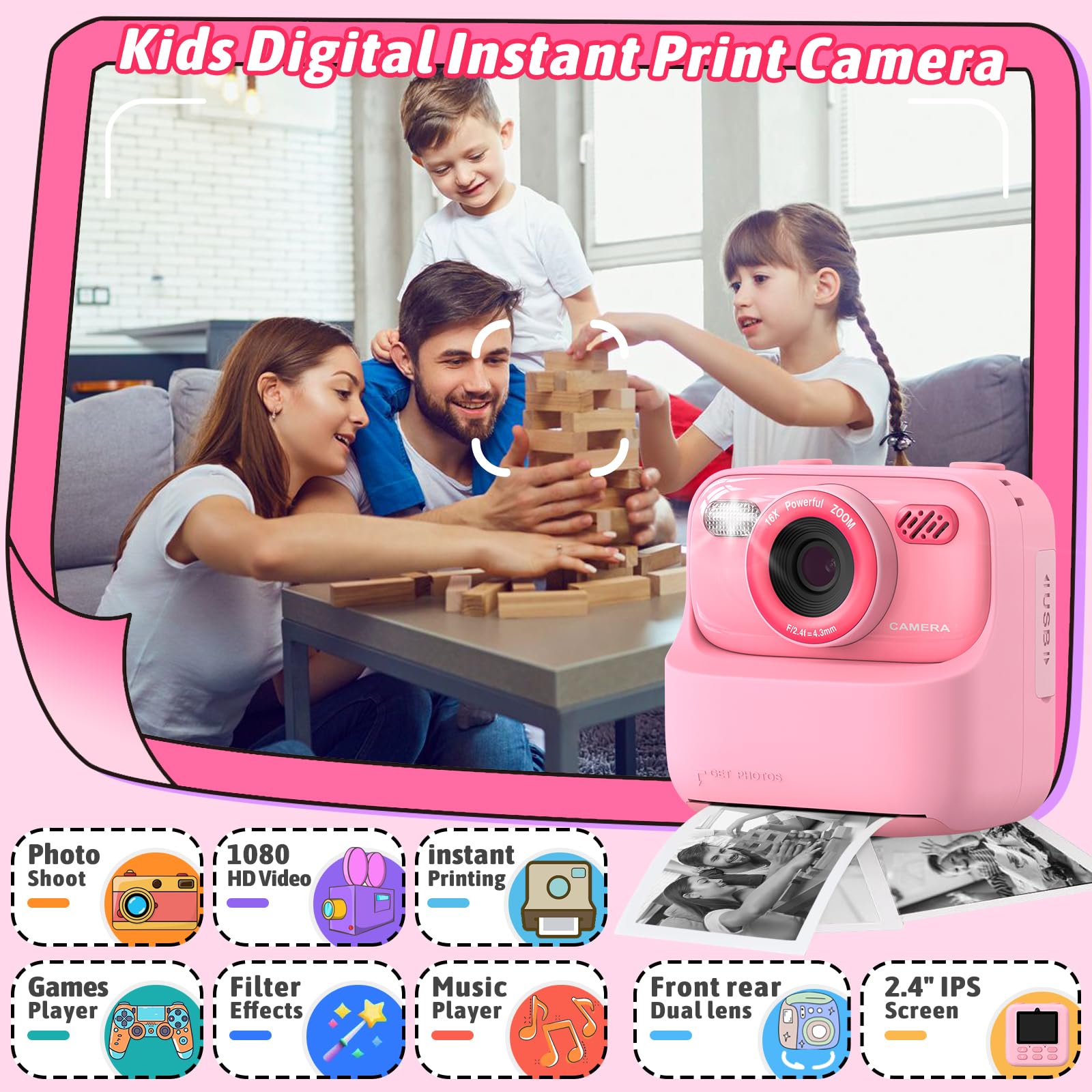 Atualizar crianças câmera instantânea 1080p hd lente dupla selfie câmera digital para meninas meninos presentes de aniversário de natal brinquedos com impressão 32g
