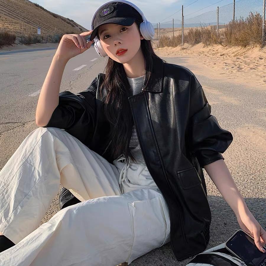 Retro Brown Leather Jacket Women's Hong Kong Sle New Spring Autumn High Loose American Retro Motorcycle Jacket Top