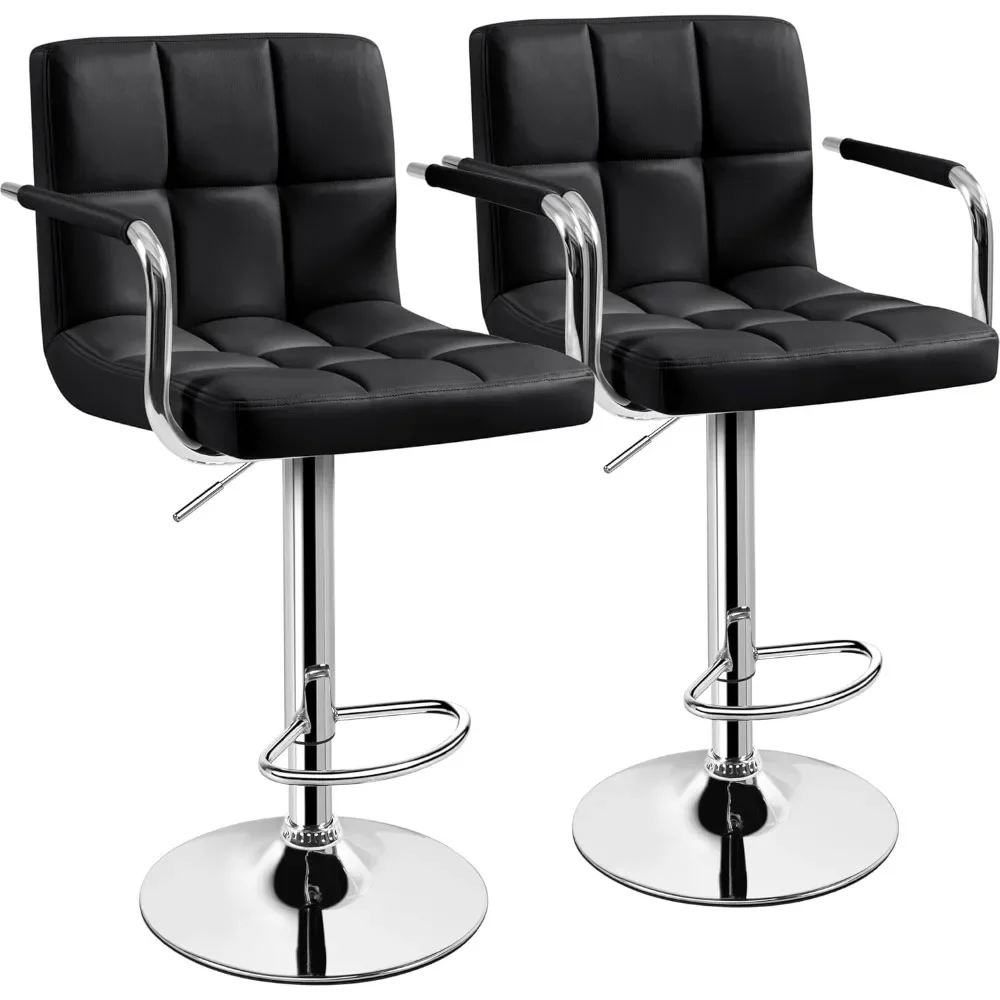 Bar Stools Set of 2, PU Leather Adjustable Swivel Barstools, Hydraulic Kitchen Counter Height Bar Chairs w/Armrest and Back