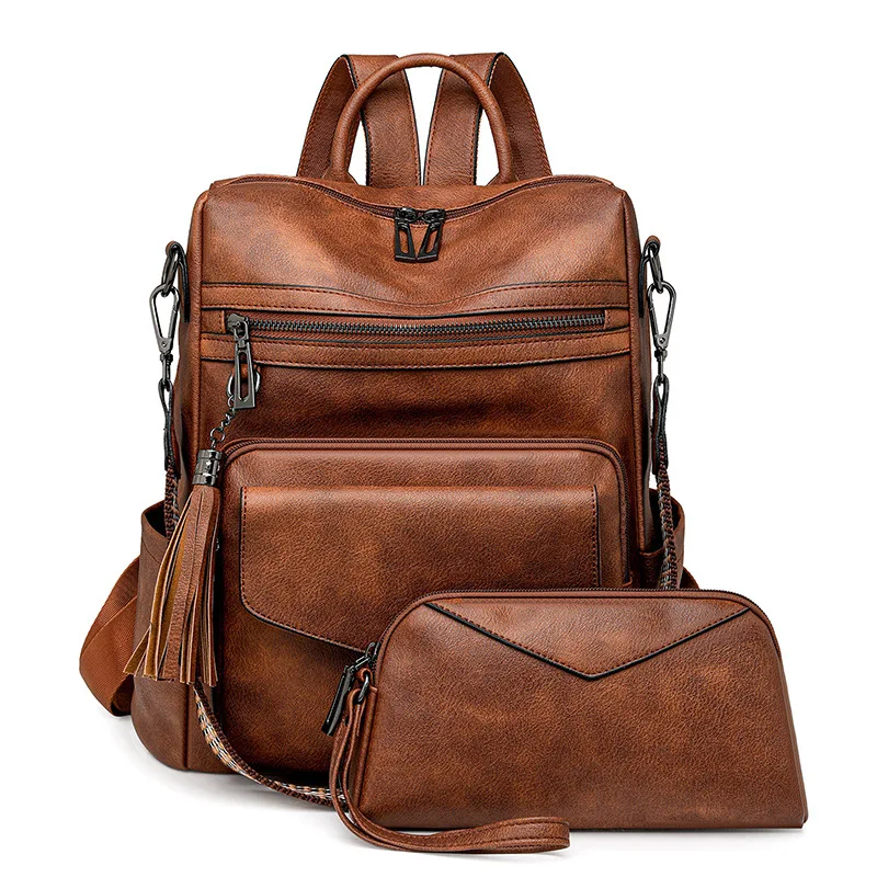 Mochila para mujer, bolso, mochila de cuero, monedero con diseño de flecos para mujer, bolsos de hombro de diseñador de moda de viaje para mujer, 2 piezas