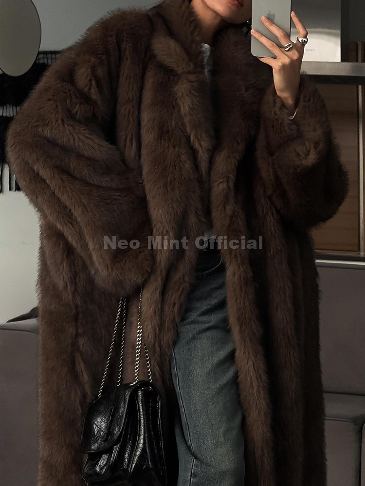 Neo Mint 2024 Winter Warme Flauschige Farbverlauf Eco Pelz Jacke Frauen Luxus Lange Faux Fuchs Pelzmantel Straße Pelzigen Oberbekleidung Mantel