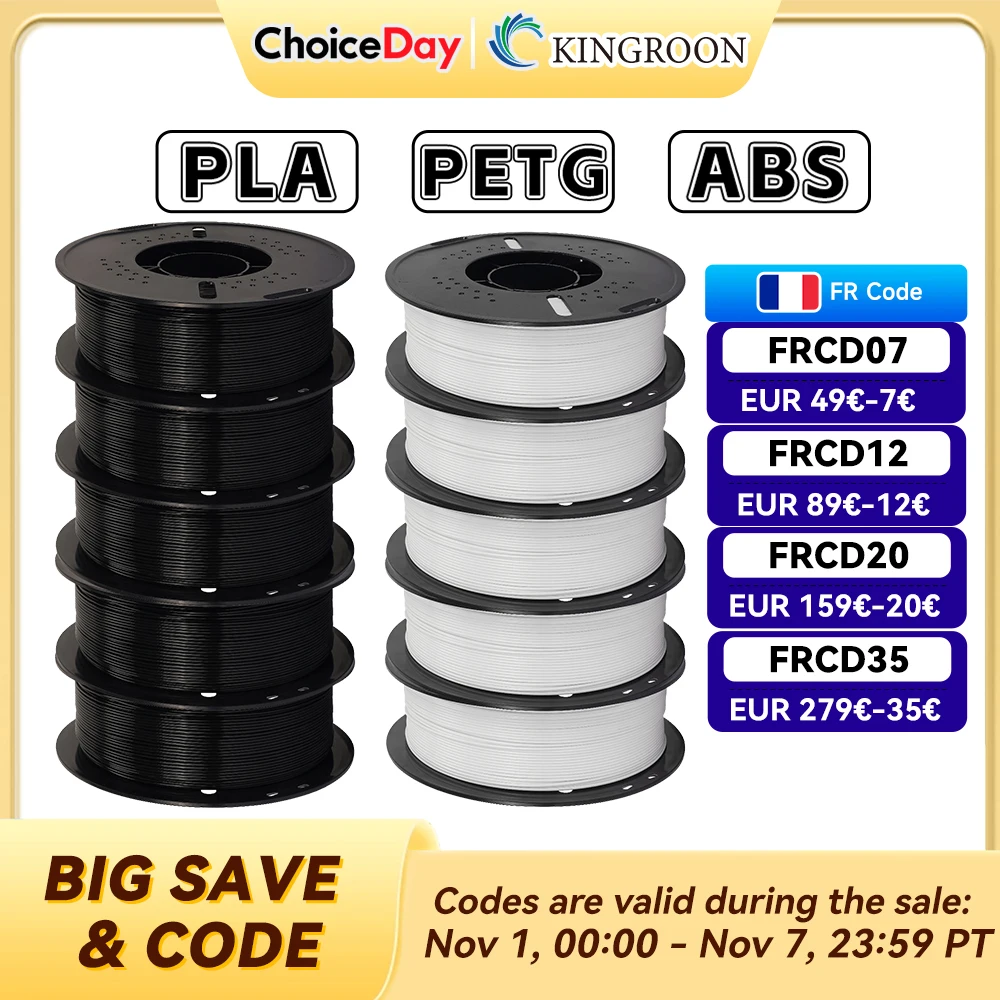 KINGROON 10KG PLA/ABS/PETG Filament 1.75mm noir blanc gris, vente en gros 10 rouleaux PLA ABS PETG plastique pour imprimante 3D