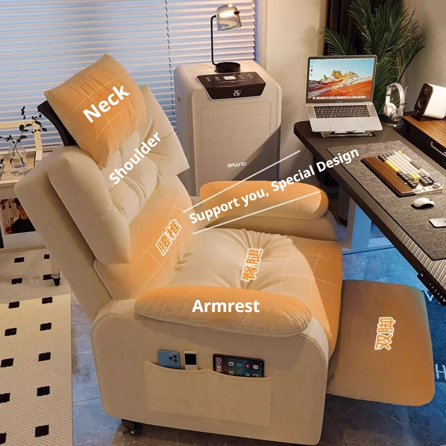 Cadeira reclinável de couro para idosos, conforto respirável com suporte para encosto de cabeça, apoio para os pés, sofá ergonômico para sala de estar