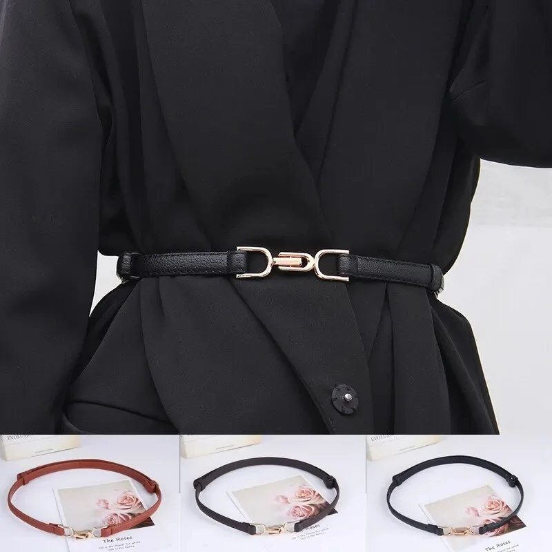 1pc novo cinto feminino de couro cinto magro para vestido ajustável cinto de cintura fina cinto com fivela dourada do vintage couro falso