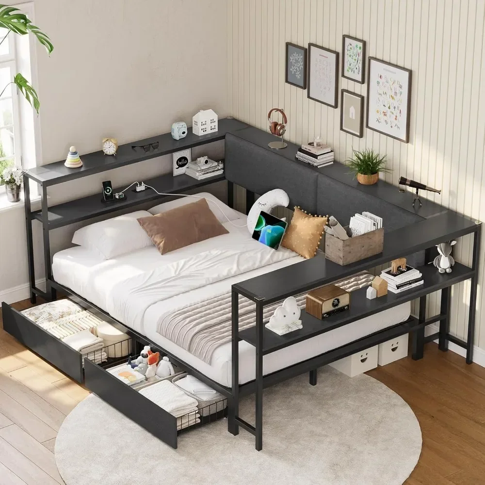 Corner Full Bed Frame with 2 Drawers and Hidden Storage Space Full Size Daybeds with Charging Station, Metal Platform Beds