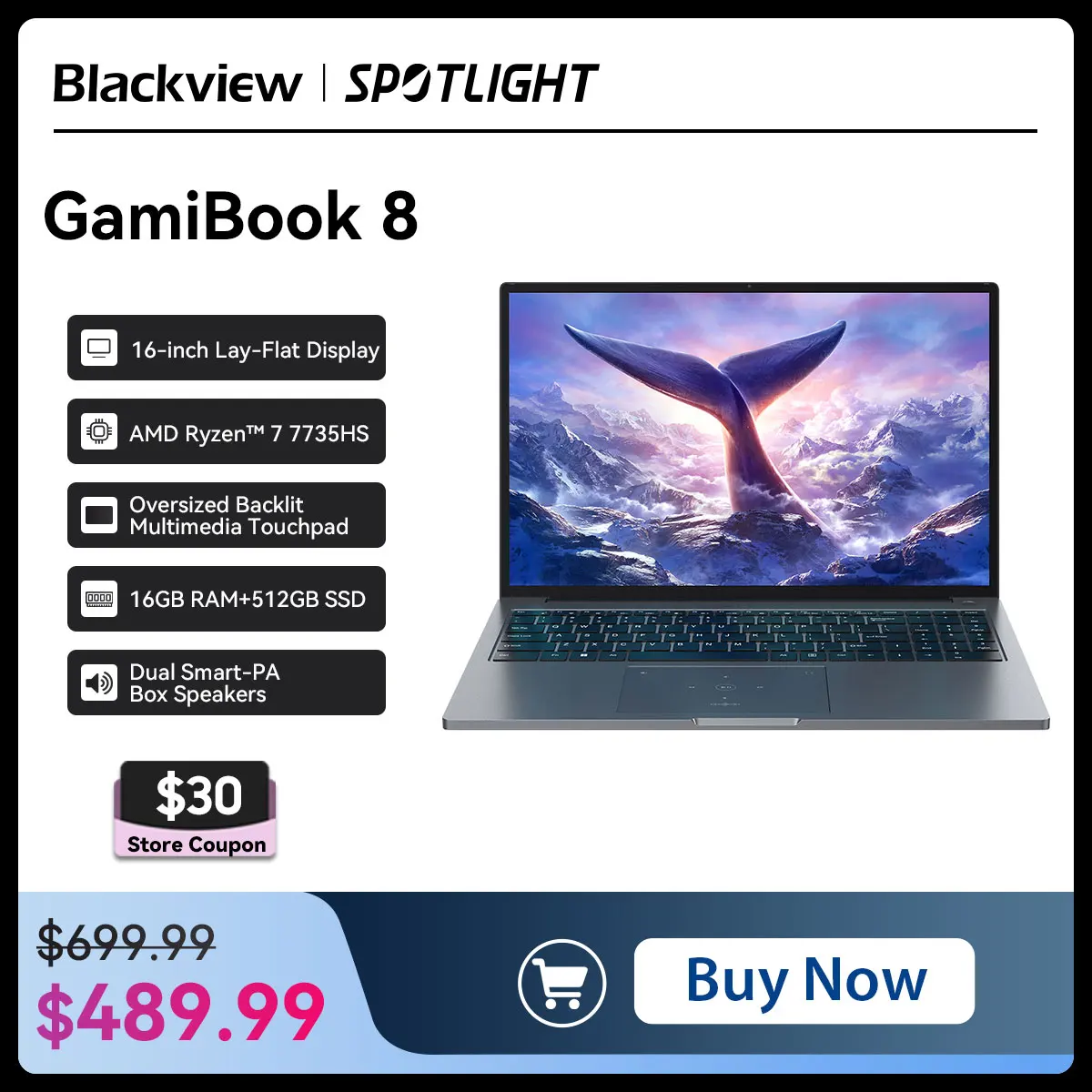 Blackview GamiBook 8 Laptop 16" 1920*1200 Display AMD Ryzen ™   7 7735HS Prozessor 57 Wh Akku 65 W Schnellladung Win11pro Wi-Fi 6