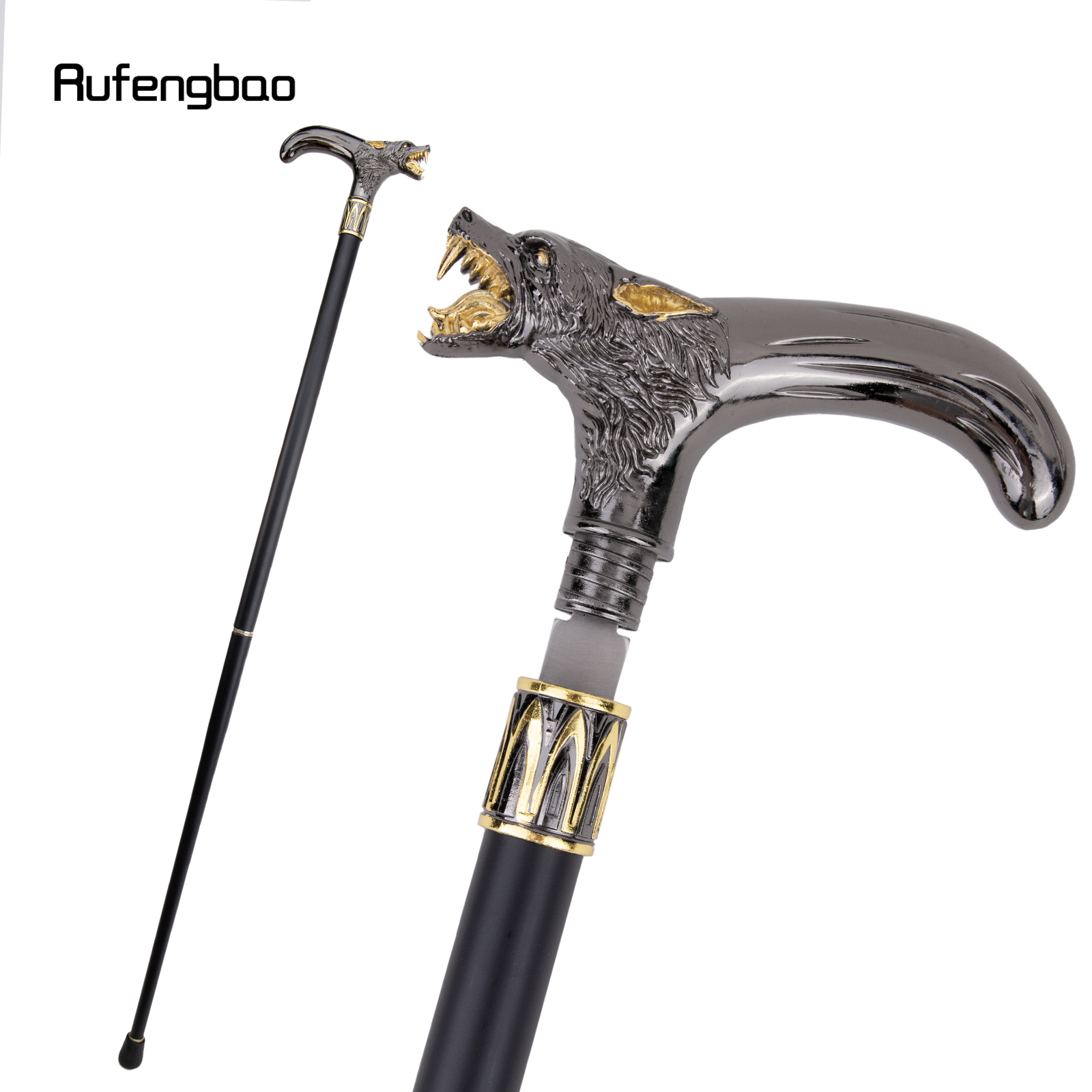 Golden Black Wolf หัวกัดเดิน Stick ซ่อนแผ่นป้องกันตัวเองแฟชั่น Cane แผ่นคอสเพลย์ Crosier Stick 93 ซม