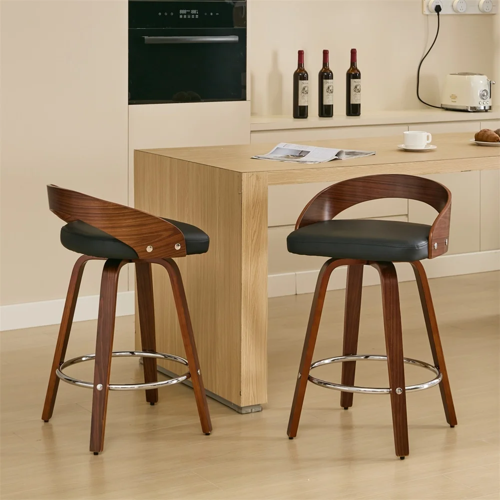 2 PCS Bar Pub Stools Set 360-degree Swivel Barstools with Low Back Wood Legs Chairs with Soft Cushion Seat Footrest For Kitchen