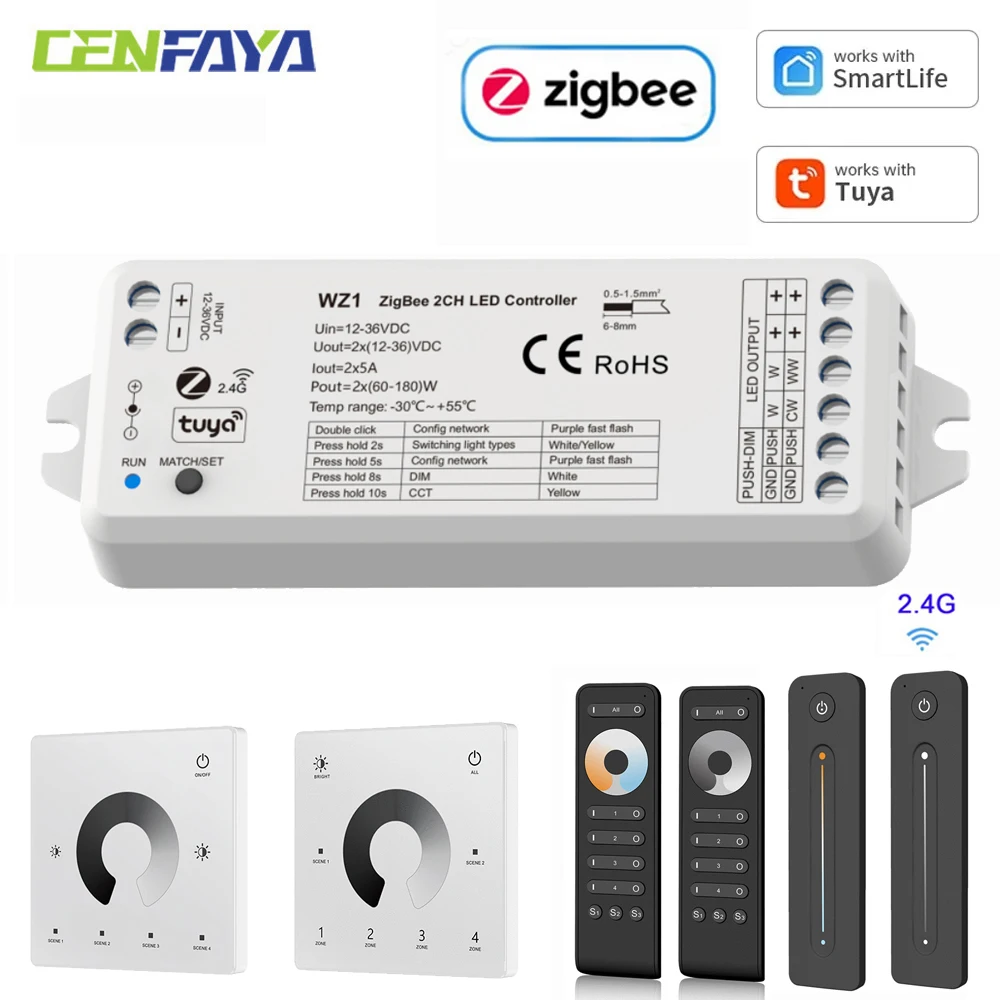 CENFAYA ZigBee & RF 2CH LED Controller DC 12V 24V Smart Dimmer Match with RF 2.4G remote controller For WW CW NW CCT LED strip