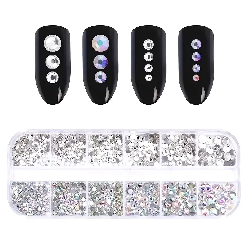 Diamantes de imitación para uñas con parte posterior plana en caja, gemas para uñas de cristal AB y Kit de diamantes de imitación de cristal transparente, dijes para decoración de uñas, accesorios de manicura DIY