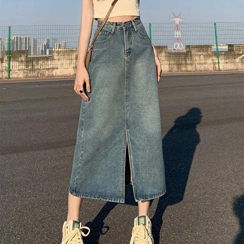 Sommer Neue High-taille Schlitz Denim Rock Für Frauen Gewaschen Retro A-linie Rock Hüfte-bedeckende Gerade lange Rock