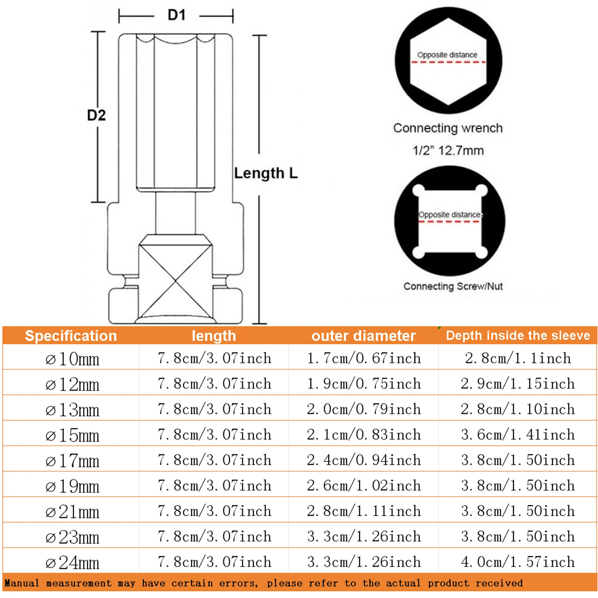 1 Set Impact Socket Set, 1/2" Drive Metric Size (10-23mm) Socket Spanner, CR-V Steel Deep Impact Socket Set For 1/2 Socket Set F