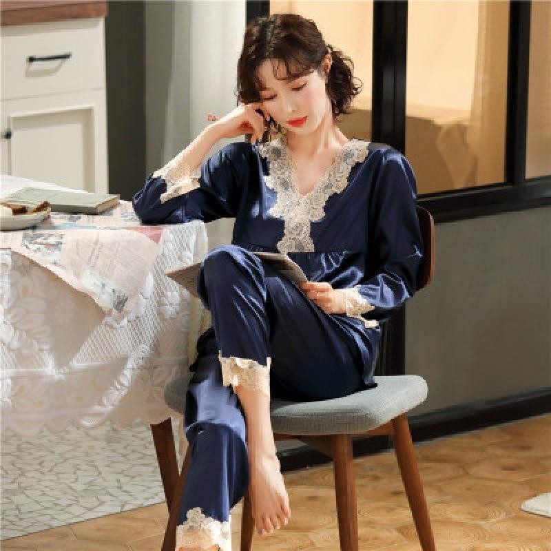 Ice Silk Pyjamas Damen Langarm Spitze Grün Premium Sense Zweiteiler Sweet Homewear Love Blue