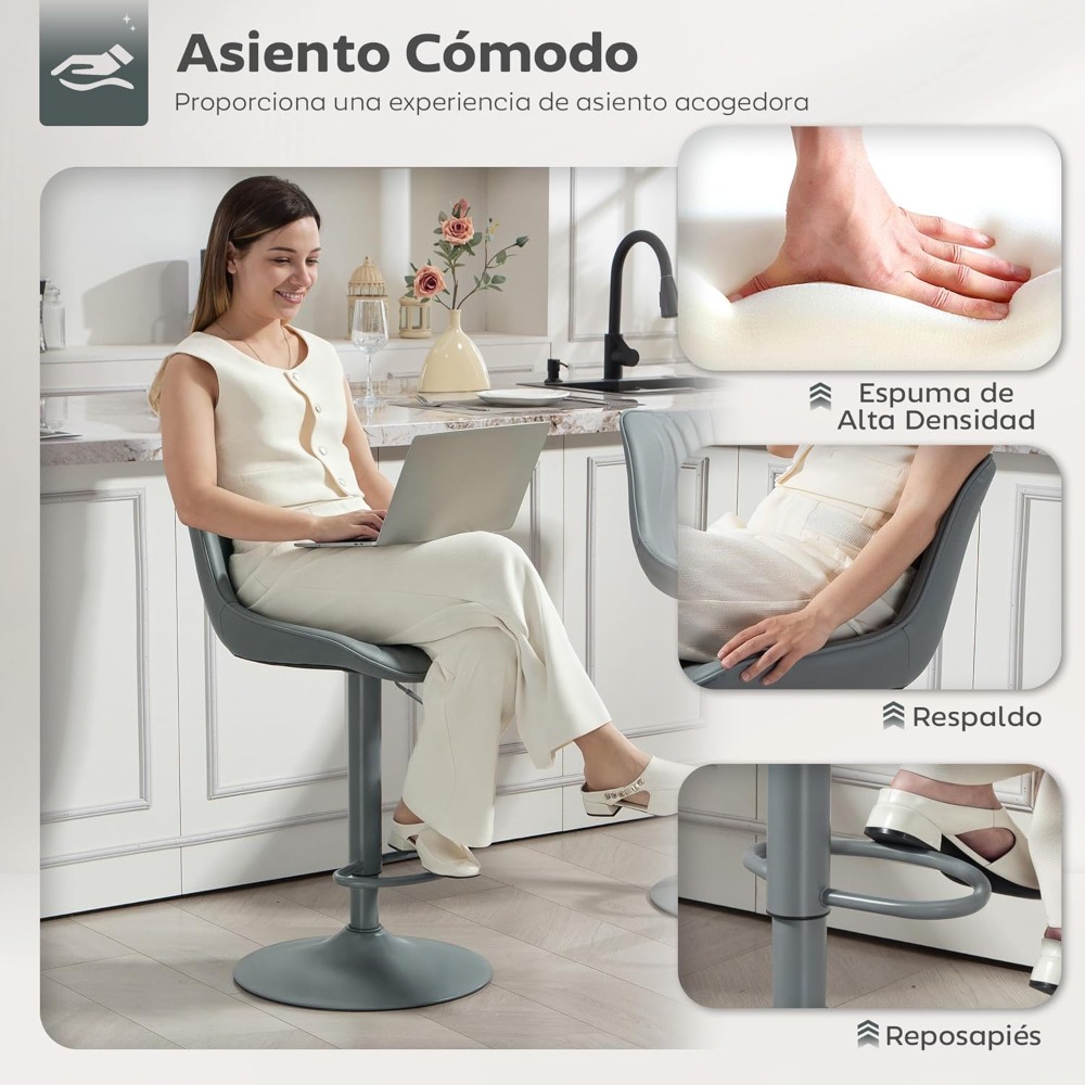 2 Taburetes de bar Taburetes de cocina giratorios con altura ajustable Respaldo de 92 - 110 cm Asiento de piel sintética Estructura de acero