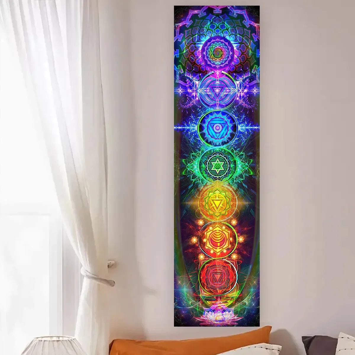 Tapiz de pared de chakras colorido, colgante de pared para meditación y Yoga, decoración del hogar para dormitorio, decoración artística de pared negra con energía espiritual