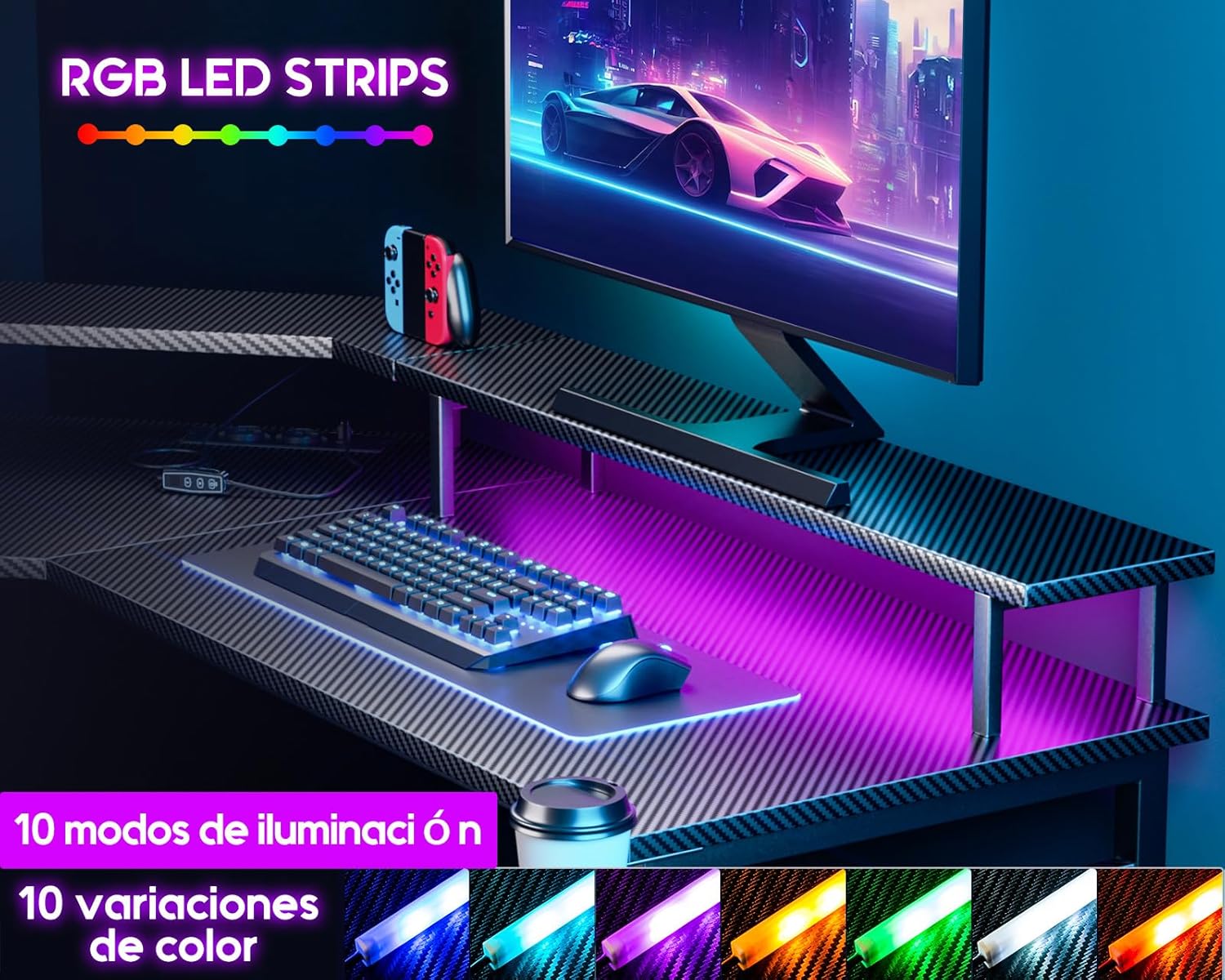 Réductions à durée limitée--ODK Bureau Gaming avec LED, Bureau d'angle Gaming avec Prises et Ports USB, Bureau Gaming Angle avec Support pour Moniteur, Noir Carbone, 129x129 cm