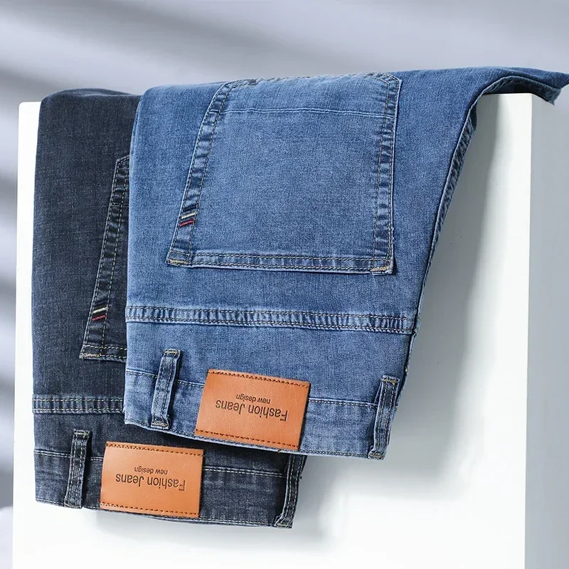 Pantalones vaqueros elásticos de algodón para hombre, Material fino o grueso, moda gris, cómodos, informales, de negocios, de cintura alta, 2024
