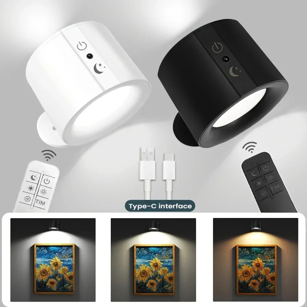 Lámpara de pared LED magnética de doble cabezal recargable 360 °   Foco de control remoto inalámbrico de rotación para decoración de dormitorio y sala de estar