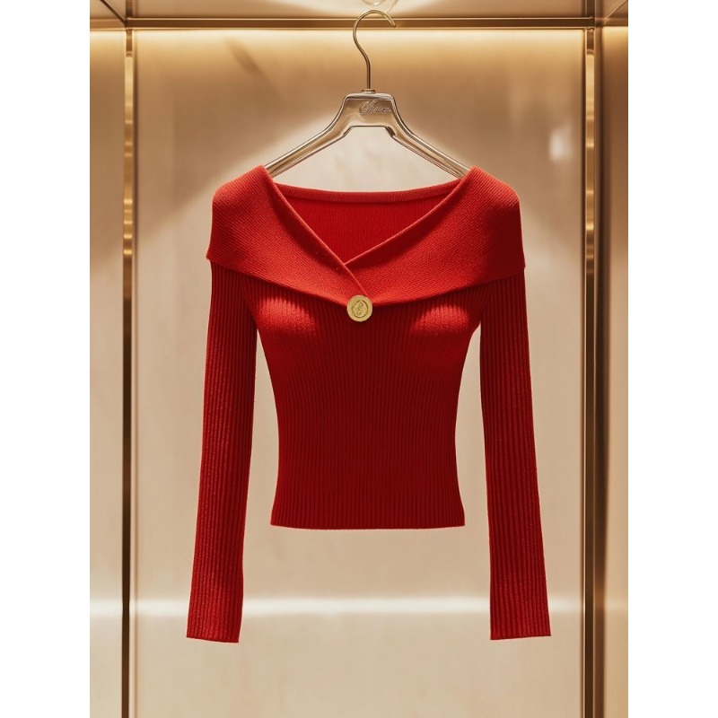 French Style Chic Slim Fit Knitted Sweater Pullover Women's 2024 Autumn New Slash Neck Chic Inner Wear Long Sleeve Top