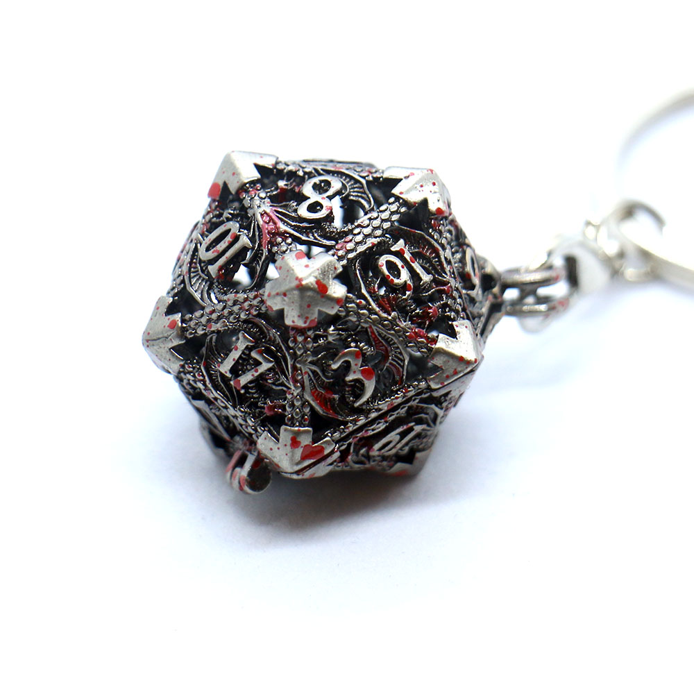 D20 Hohlbox aus Metall + 7-teiliges Würfelset aus Metall, tragbares Brettspielwürfel-Mini-Set