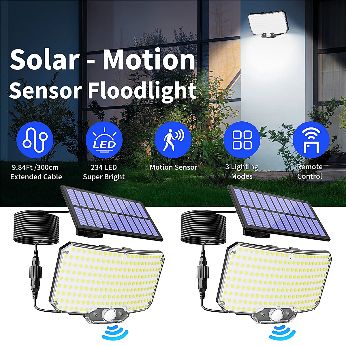 Lampade da parete solari con sensore di movimento 234LED per esterni con telecomando, 3 modalità, lampada di inondazione di sicurezza impermeabile dal tramonto all'alba per portico patio