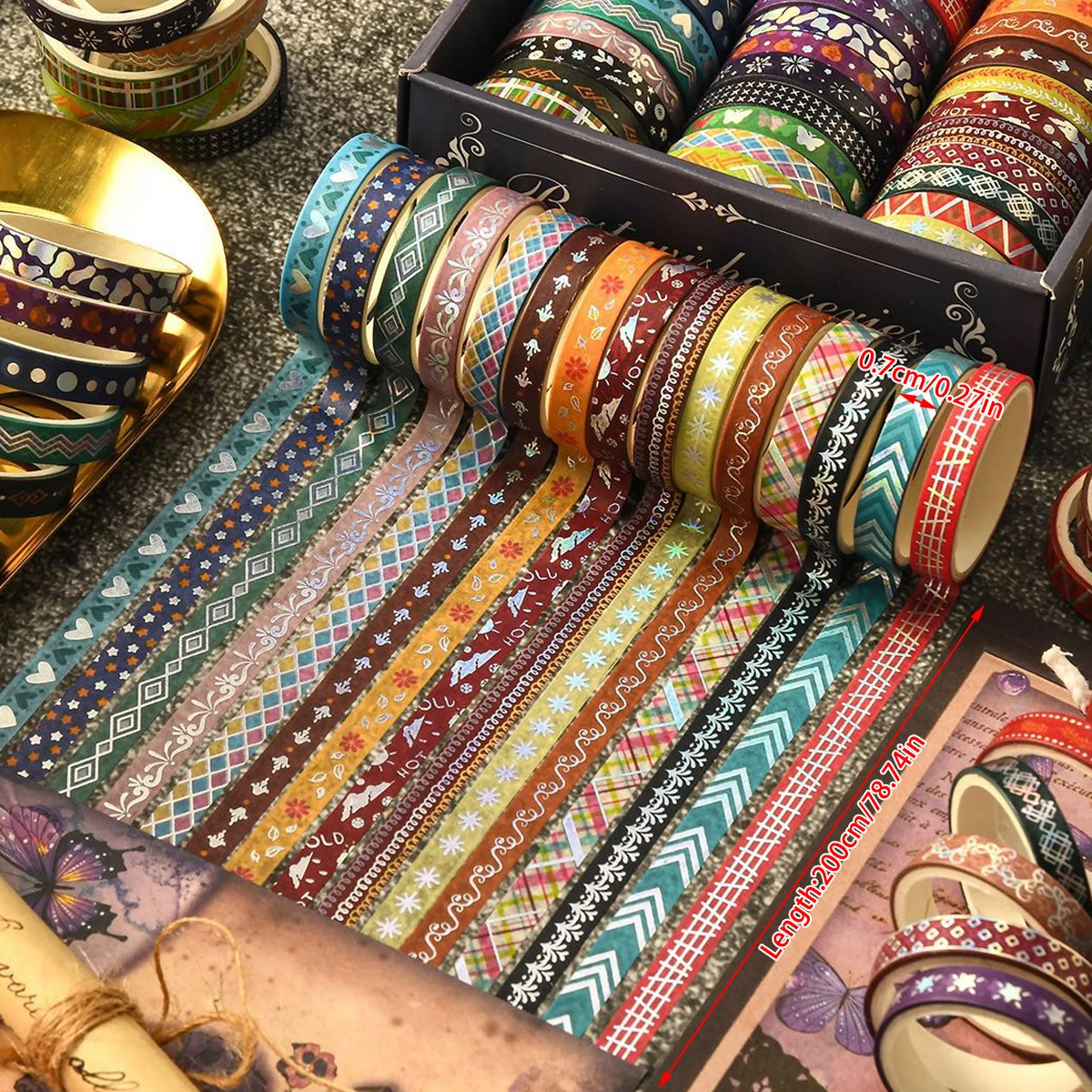 36rolls Slim golden foiled Washi Tapes Set 7mm skinny Masking Tapes For Scrapbooking Journaling Planner Notebook