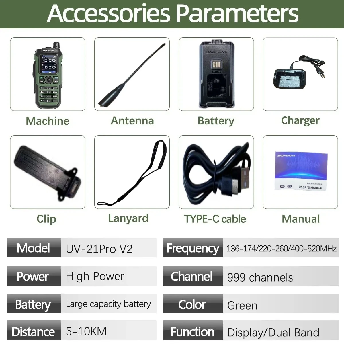 Baofeng UV-21 PRO V2 Walkie Talkie Long Range Multi-band Portable Ham Two Way Radio Wireless Copy Frequency Type-C For Hunting
