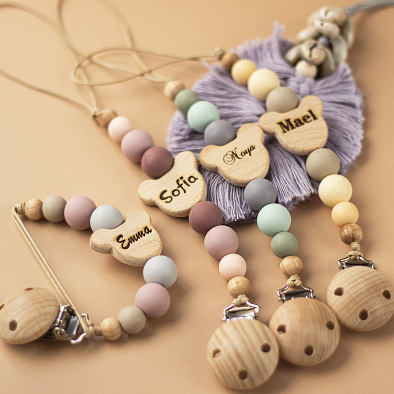 Nome personalizado de madeira personalizado bebê chupeta corrente silicone grânulo manequim titular do bocal guarda mordedor pingente presente recém-nascido coisas