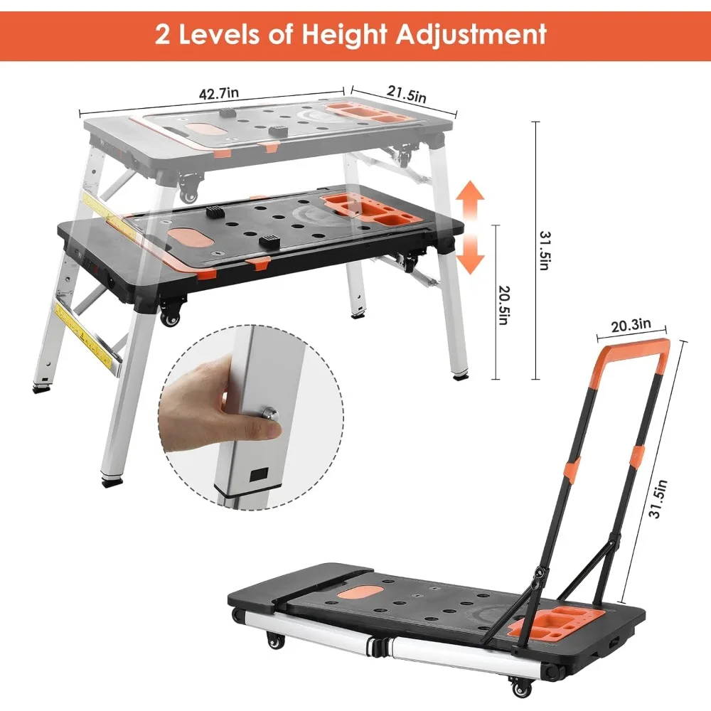 Multifunctional Folding Work Table, 7 in 1 Work Benches for Garage, as Portable Workbench, Sawhorse, Scaffold, Platform,