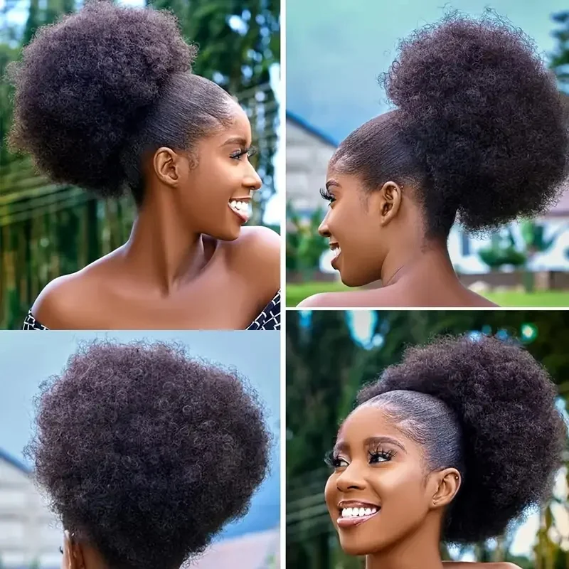 1pc Women's 10-Inch Afro Kinky Curly Synthetic Ponytail Extension Drawstring Afro Puff Basic Style Hair Bun Wig for Daily Use
