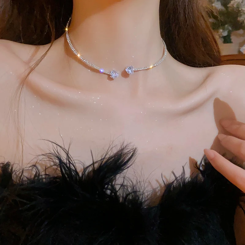 Zircon Double Layered Water Drop Heart Silver Scrap Imitation Pearl Cross Wave Open Collarbone Fine Pendant Necklaces for Women