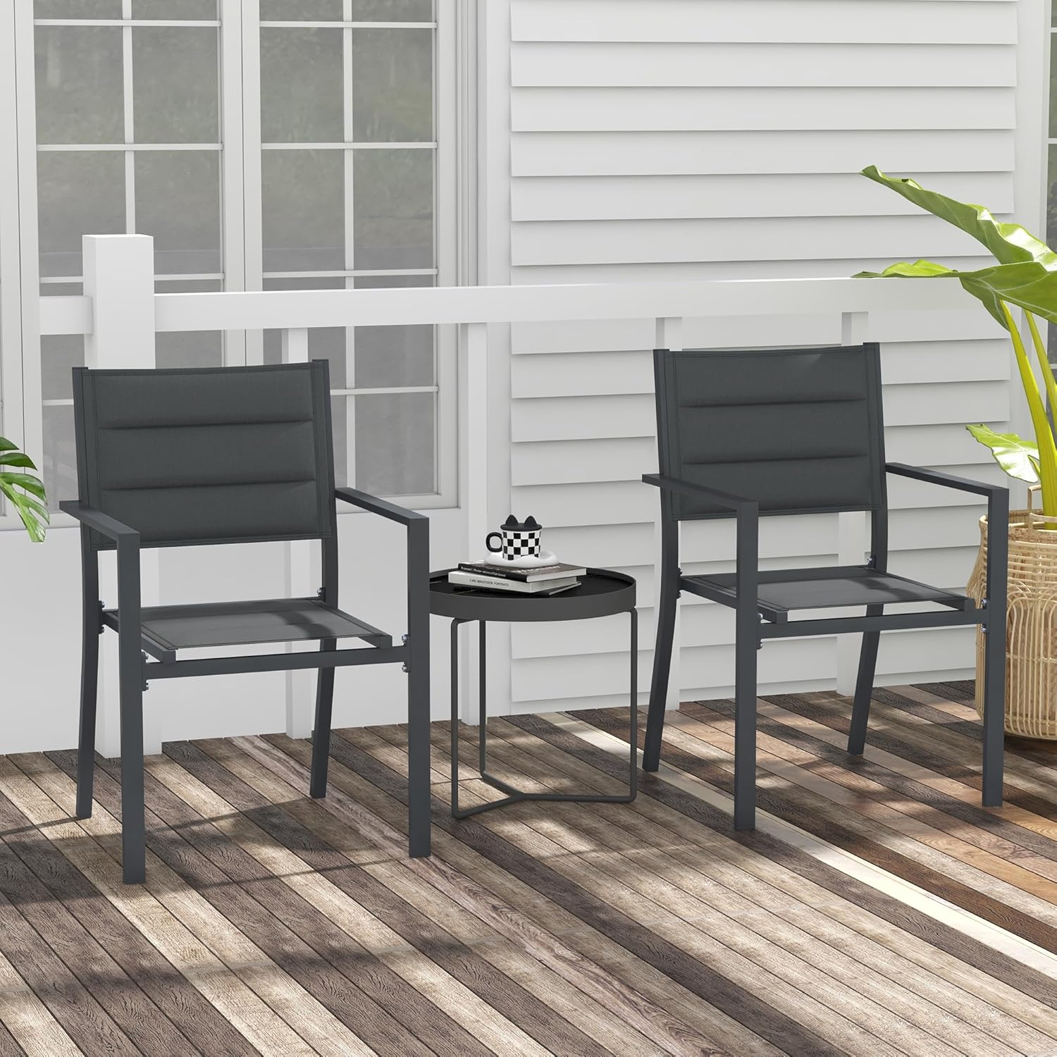 2 Pieces Garden Dining Chairs, Aluminium Outdoor Armchair for 2 with Breathable Mesh Fabric, Design, Dark Gre