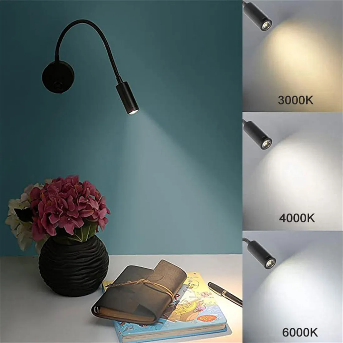 Đồng 3W Đèn LED Đọc Sách Đen Trắng Bạc Cổ Ngỗng Đèn Tường Cho Tủ Kê Đầu Giường Lắp Ghép Bàn Làm Việc 4000K Đầu Giường Công Tắc đèn Ngủ LED Đèn