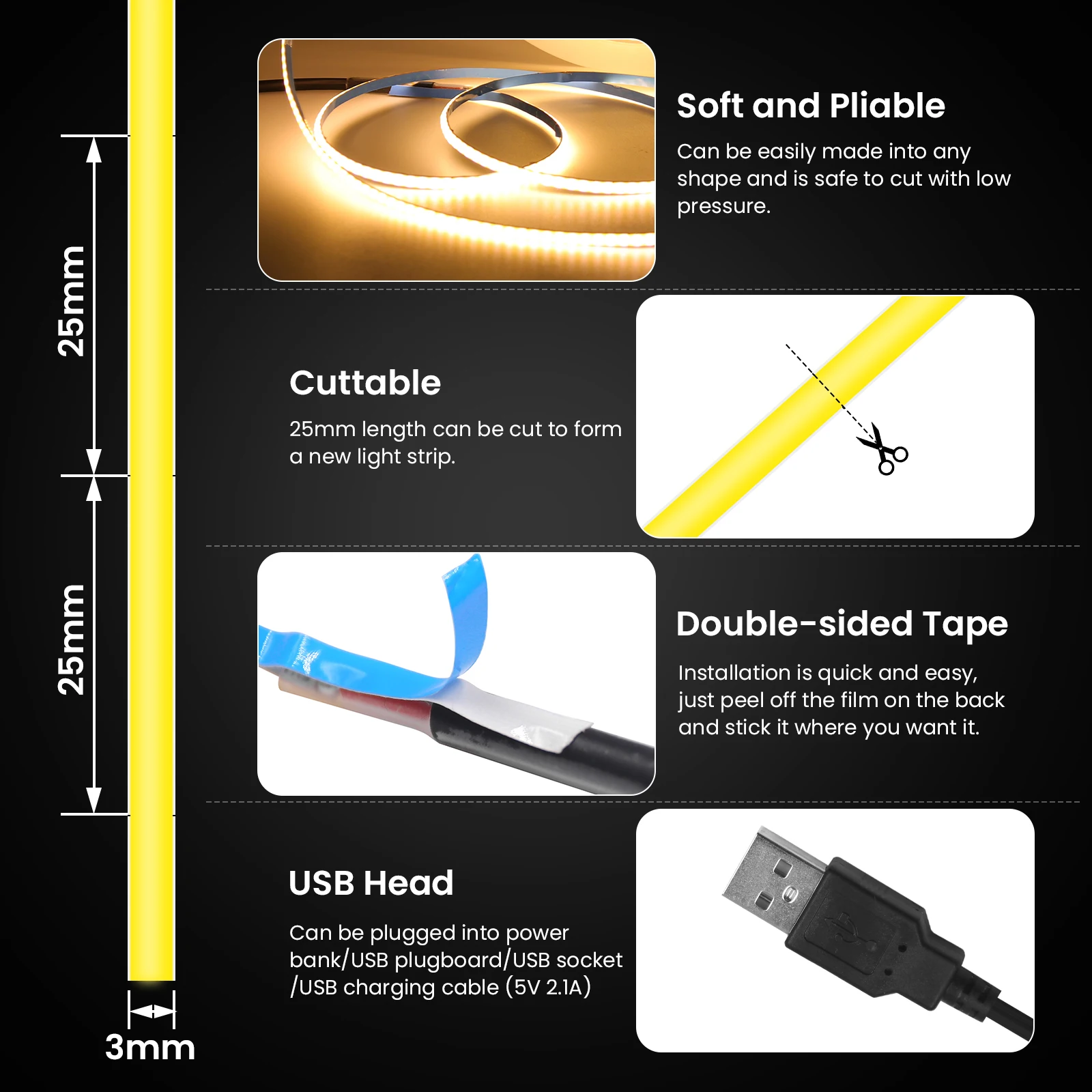 5V COB LED Strip Light 3mm PCB เทปยืดหยุ่นบางเฉียบ 320 LEDs/M RA90 หรี่แสงได้ LED ริบบิ้นอุ่นสีขาวธรรมชาติ Linear Lighting
