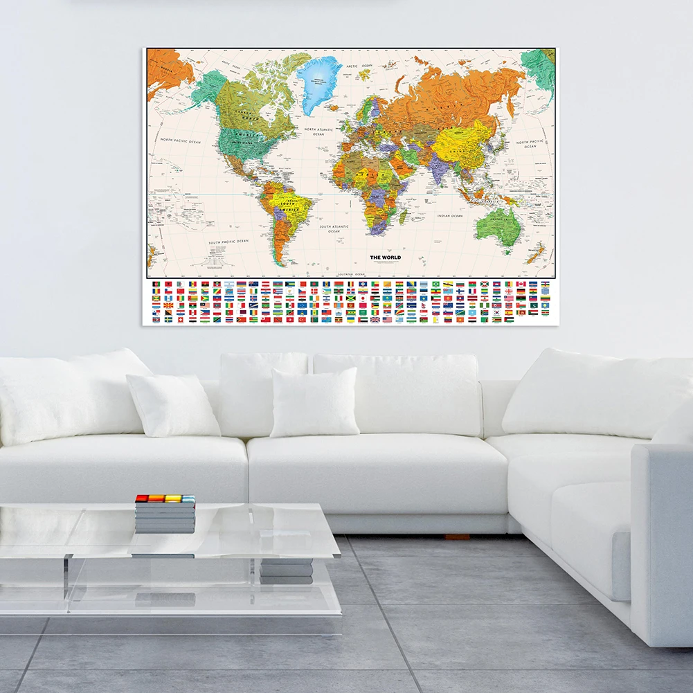 Mapa del mundo de 150x225cm para educación, mapa en aerosol no tejido, imagen decorativa colgante, suministros para oficina y escuela, decoración del hogar