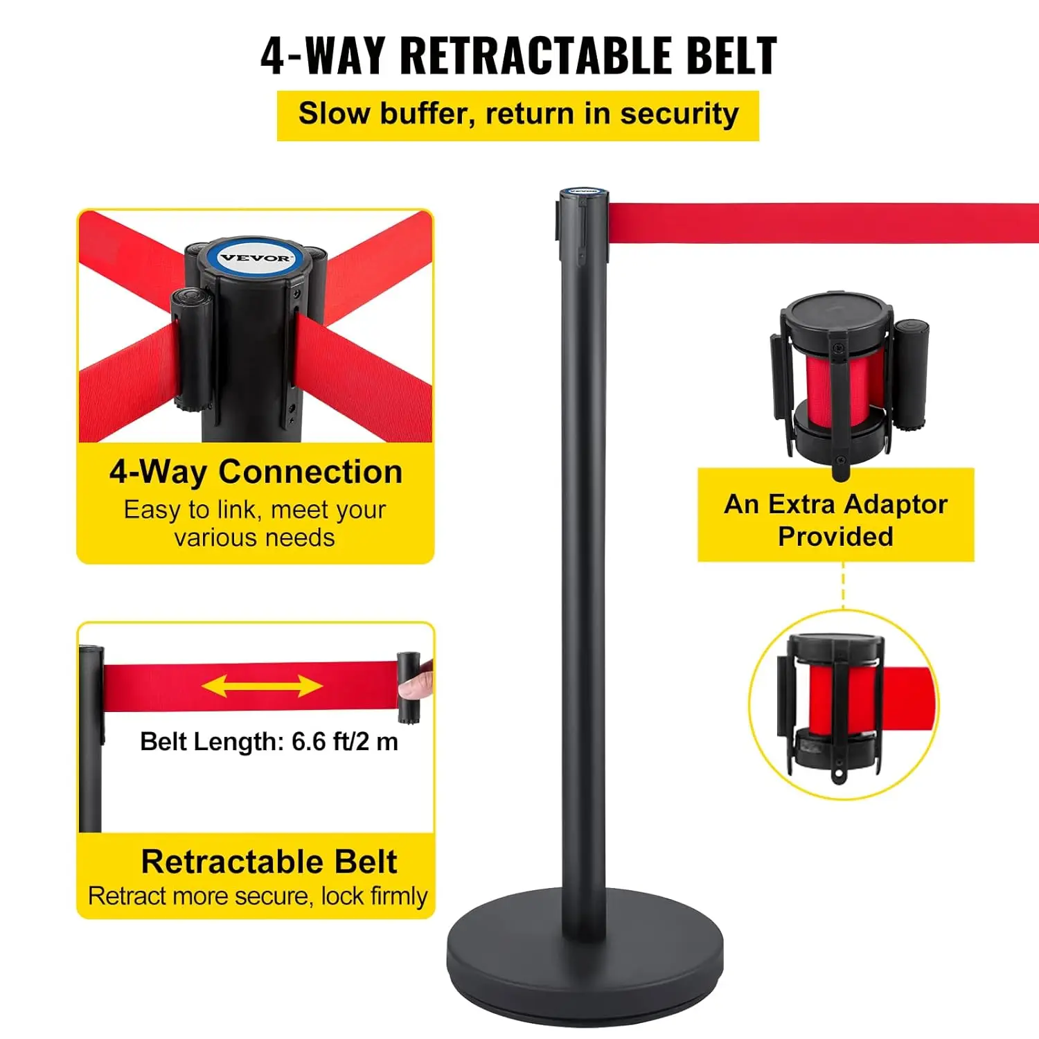 Crowd Control Stanchion, Set of 6 Pieces Stanchion Set, Stanchion Set w/ 6.6 ft/2 m Red Retractable Belt