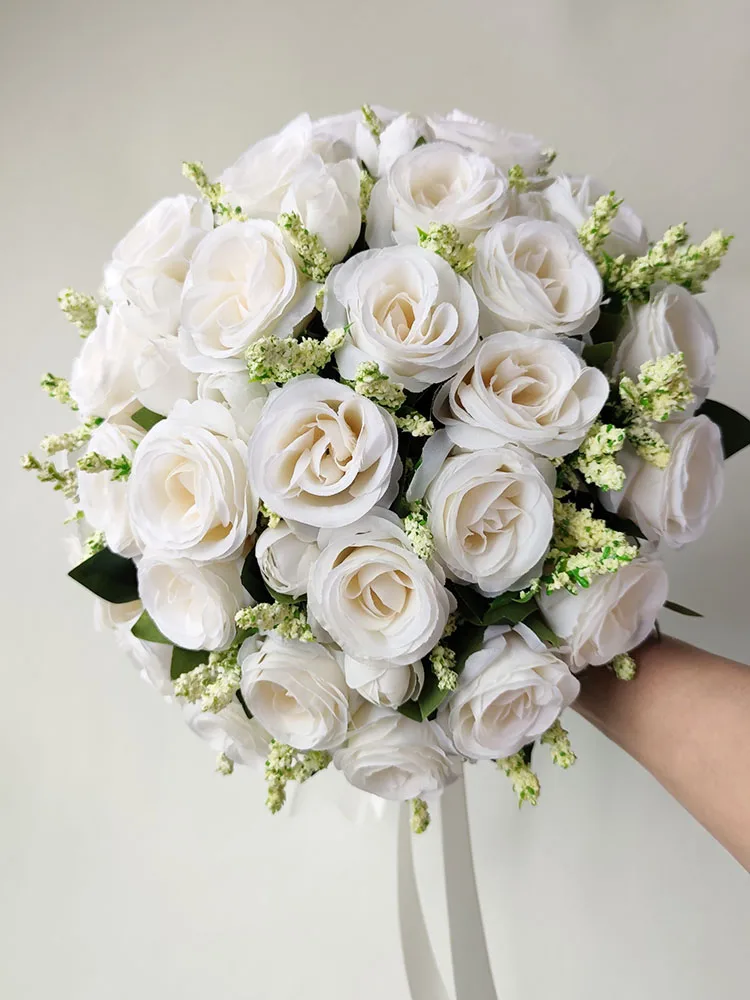 Bouquet da sposa bianco per la sposa, damigella d'onore, rose di seta, fiori artificiali, fiore all'occhiello, bouquet da sposa, accessori da sposa, corpetto