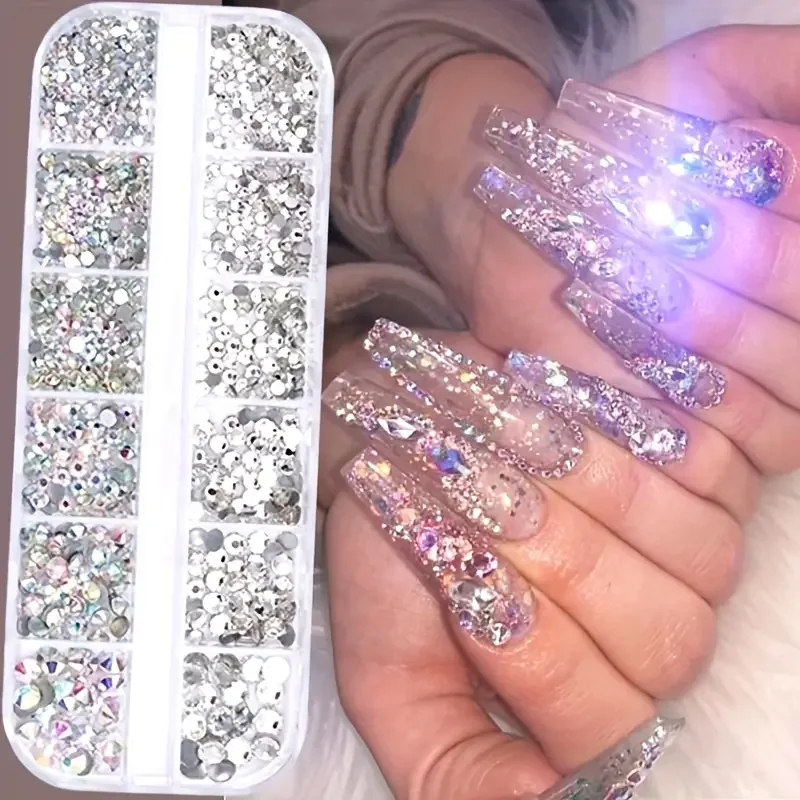 Diamantes de imitación para uñas con parte posterior plana en caja, gemas para uñas de cristal AB y Kit de diamantes de imitación de cristal transparente, dijes para decoración de uñas, accesorios de manicura DIY