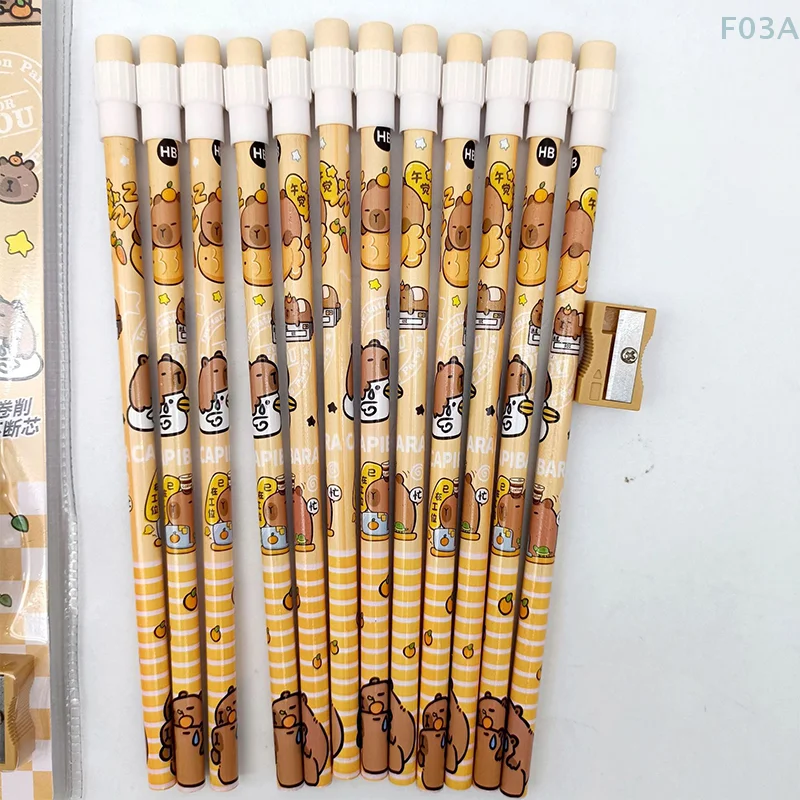 Capybara-Juego de lápices HB de dibujos animados para estudiantes, juego de papelería con sacapuntas, regalo de papelería, 12 piezas