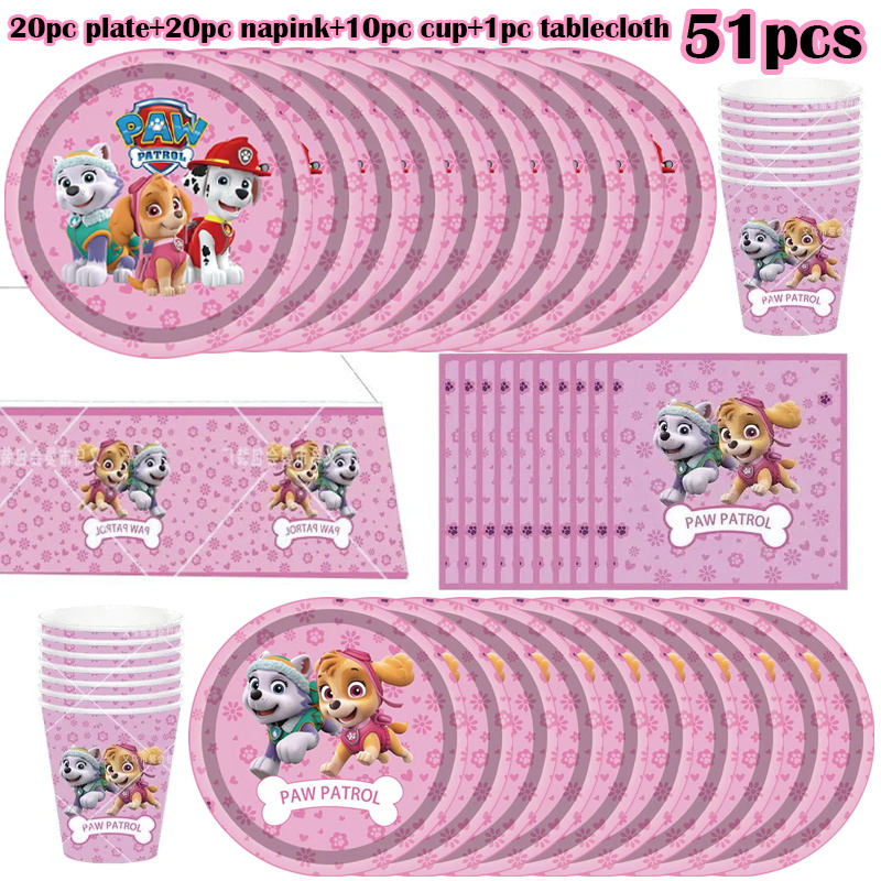 Nueva decoración de fiesta de cumpleaños Skye Paw Patrol, vajilla canina rosa, platos de papel, vasos, servilletas, suministros de globos para fiesta temática Skye