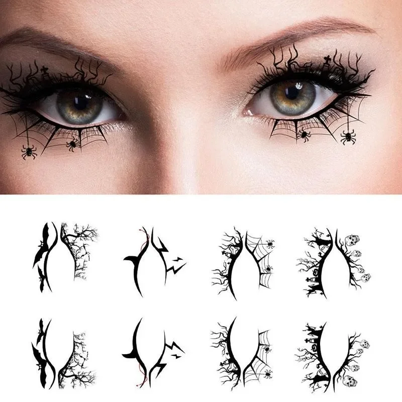 4/8 unids/set pegatinas de maquillaje de ojos tatuajes temporales pegatina para mujeres fiesta de Halloween murciélago cara de araña impermeable tatuaje falso arte de ojos