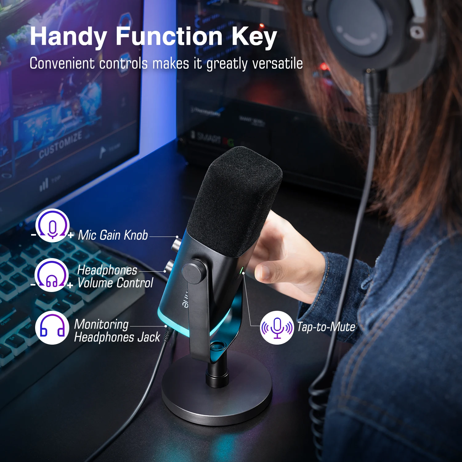 Fifine microfone dinâmico usb/xlr com controle rgb/jack de fone de ouvido/mudo, microfone para gravação de jogos de pc streaming AmpliGame-AM8