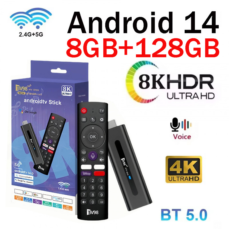 TV98 ATV Stick TV Stick Поддержка HD 8K 4K видео BT5.0 4G 5G Dual WiFi6 Voice Remote Allwinner H313 Quad Core Smart 8GB 128GB iptv