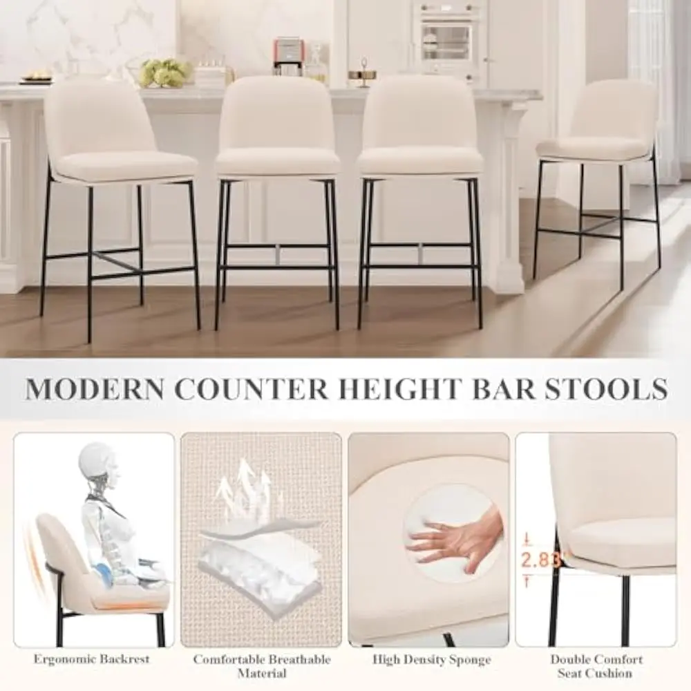 Bar Stools Set of 2, 25 Inch Stools with Back, Upholstered Counter Barstools Armless Bar Chairs with Metal Legs, Bar Stools