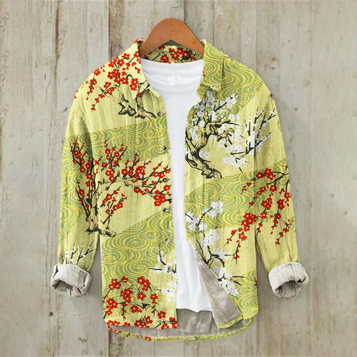 Linen Printed Long Sleeve Shirt Ocean Wave Traditional Pattern Art Hawaiian Shirt Men's Super Large Size S-6XL Fast Shipping