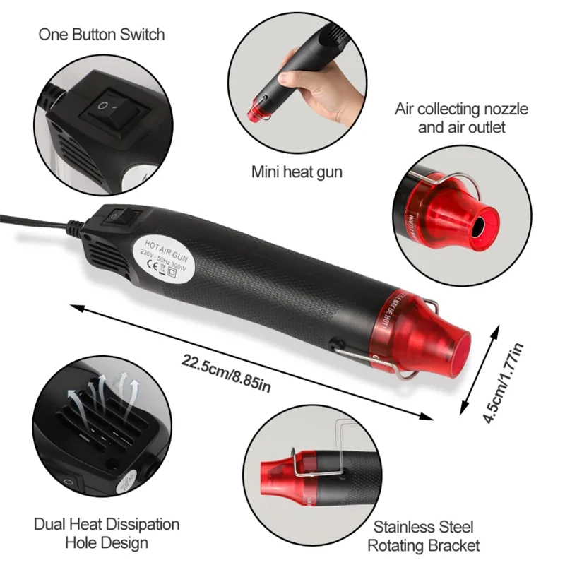ปืนลมร้อน 220/110V เครื่องมือ DIY เครื่องมือไฟฟ้าความร้อนขนาดเล็ก เครื่องบัดกรี อุปกรณ์งานฝีมือ พร้อมฐานรองรับและที่บีบหด
